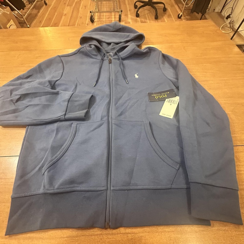 Polo Ralph Lauren Hoodie Mens S Blue Cotton Blend Full Zip Logo Sweatshirt NWT